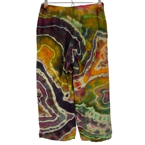 Handmade Tie Dye Pants Womens Small Geode Culottes Capri Crops Gold Purple Green - Picture 2 of 12